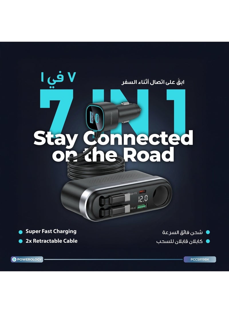 باورولوجي شاحن سيارة متعدد المنافذ من Currnex بقوة 60 واط مع كابل USB-C قابل للسحب بطول 75 سم، ومحول قابس سيارة، وشحن سريع PD بقوة 30 واط وQC بقوة 30 واط، وشحن متزامن، وشاشة LED لعرض الجهد، وشحن متعدد المنافذ، وكابل قابل للتمديد بطول 1.5 متر مرفق - أسود - Image 4